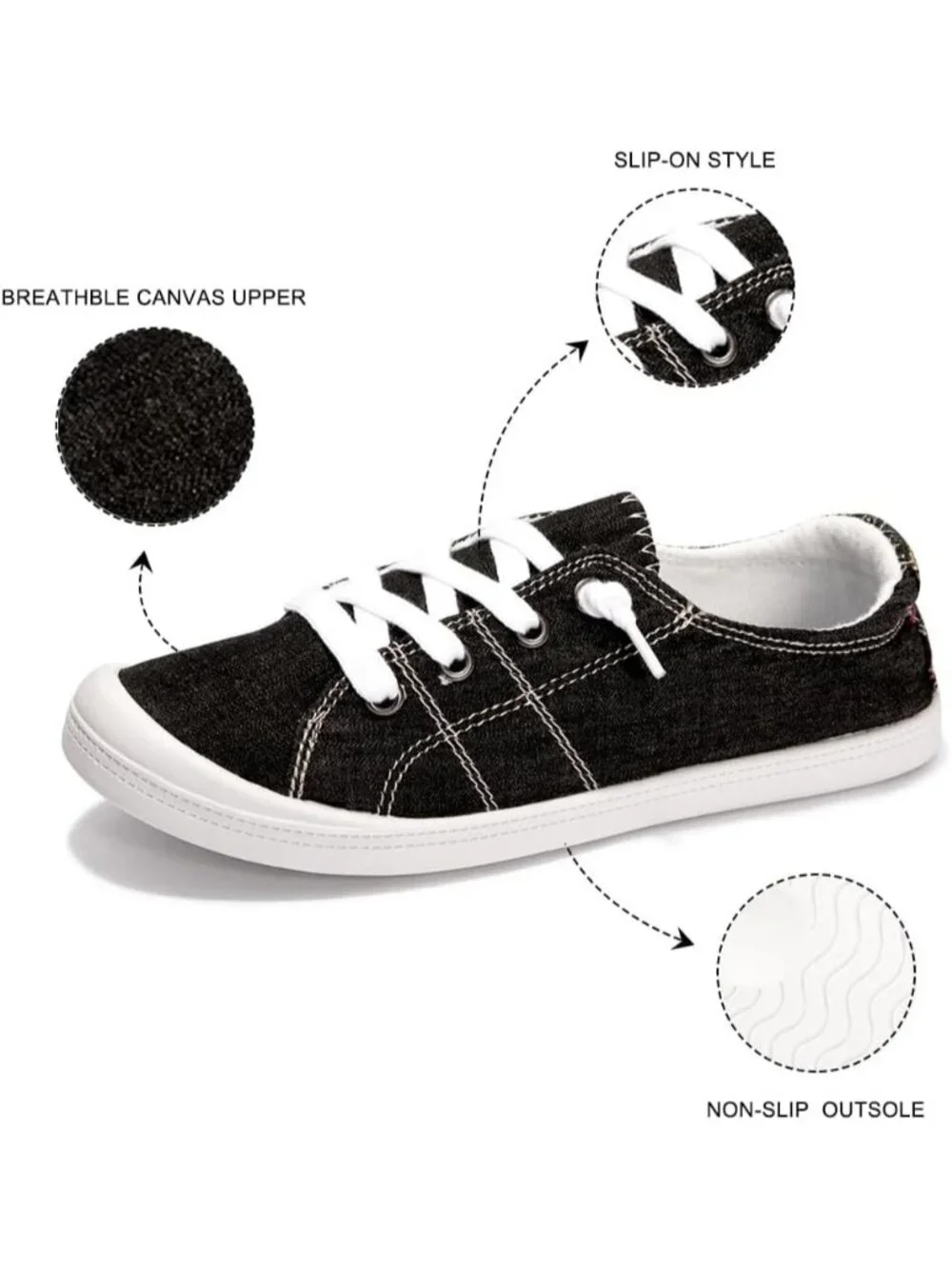 Women's Black Canvas Low Top Casual Classic Non Slip Rubber Outsole Flat Sneaker